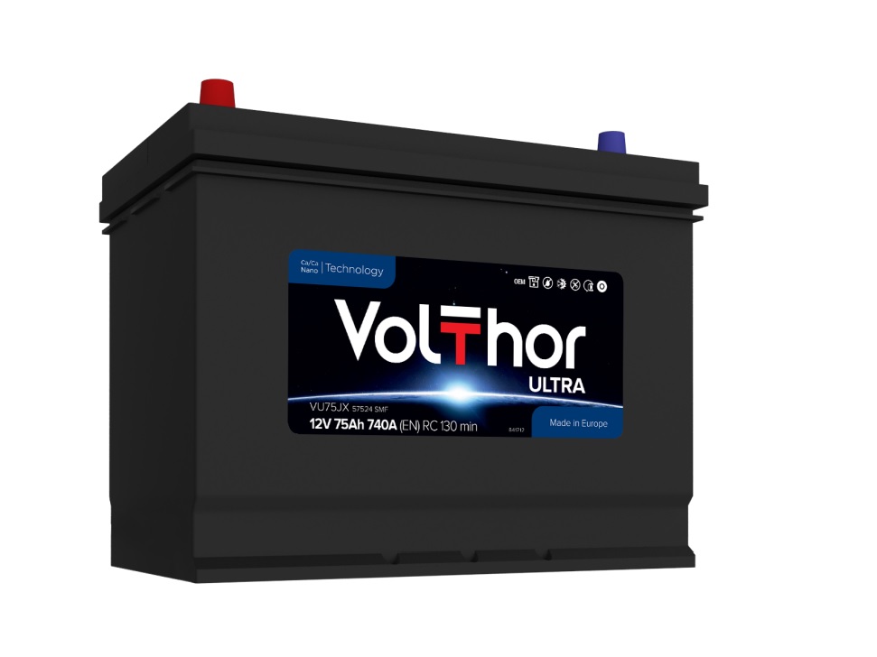 Акумулятор легковий VOLTHOR 6СТ-75(1) JIS (740А) ULTRA 12B, 75Ah, 740A, плюс ліворуч (L+) кальцієвий (Ca/Ca) 259X173X200(220) мм (301175)